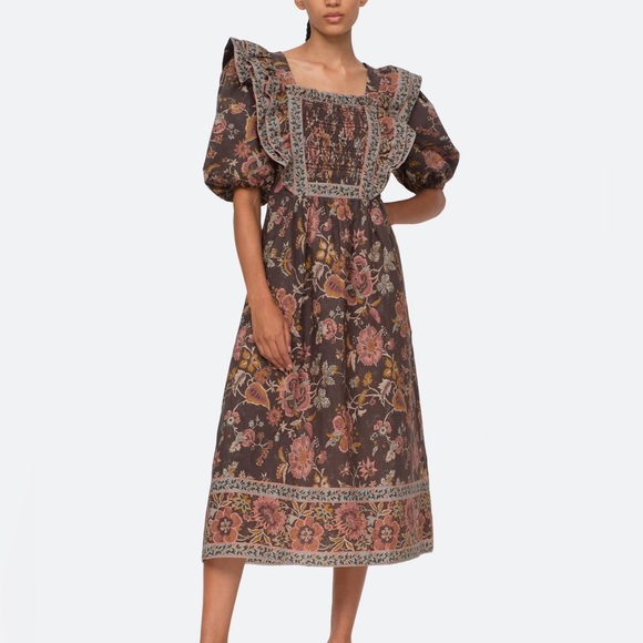 Sea NY Tess Print Puff Sleeve Smocked Dress in Black